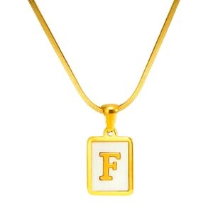 Dainty Initial Letter Charm, F, Mother of Pearl Letter Snake Chain Necklace